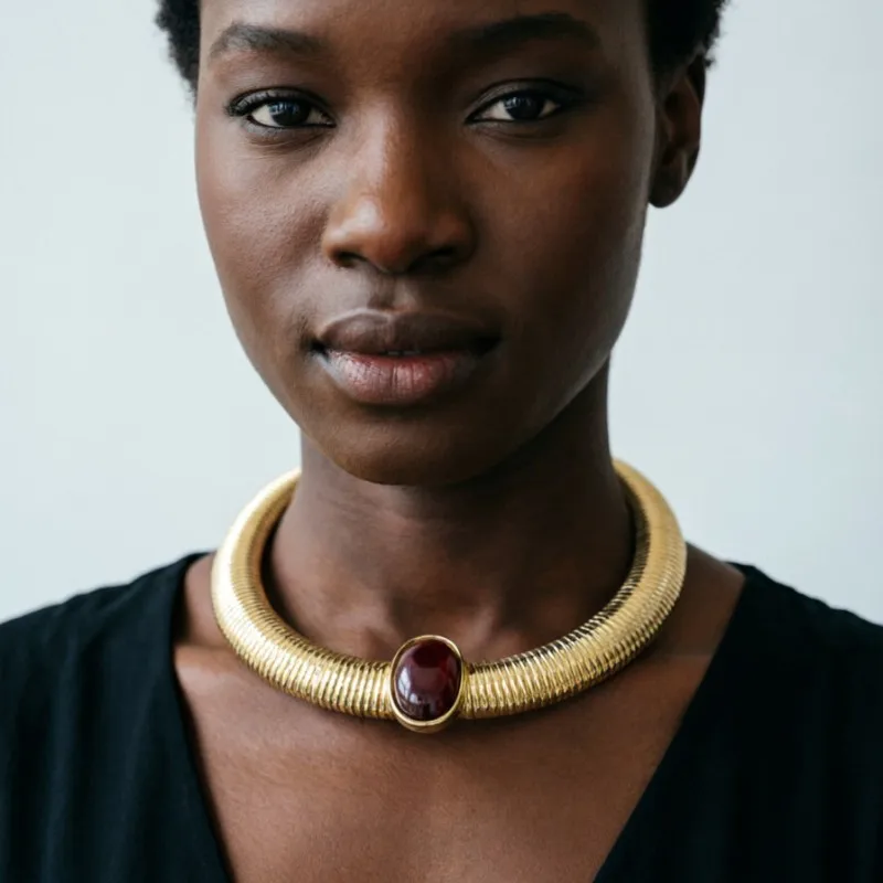 French Vintage Wide Snake Bone Choker Necklace Oval Black Onyx Gem Collar Statement Necklace Luxury Runway Style Advanced Sense