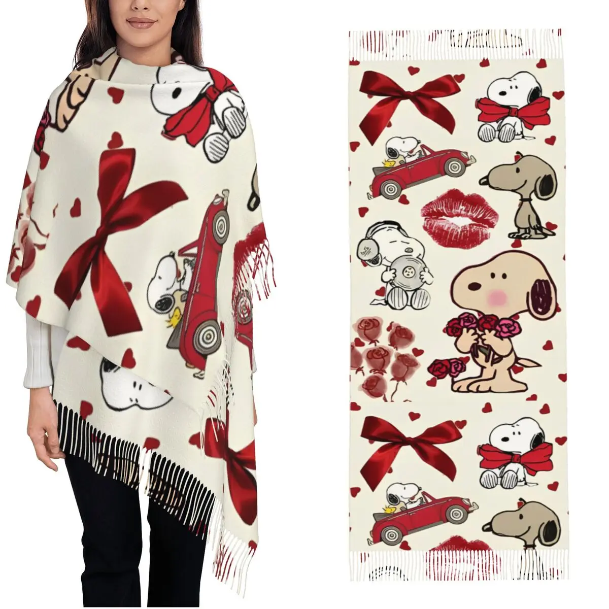 Womens Tassel Scarf Eanuts Snoopy Merry Christmas Long Soft Warm Shawl Wrap Gifts Pashmina Scarves