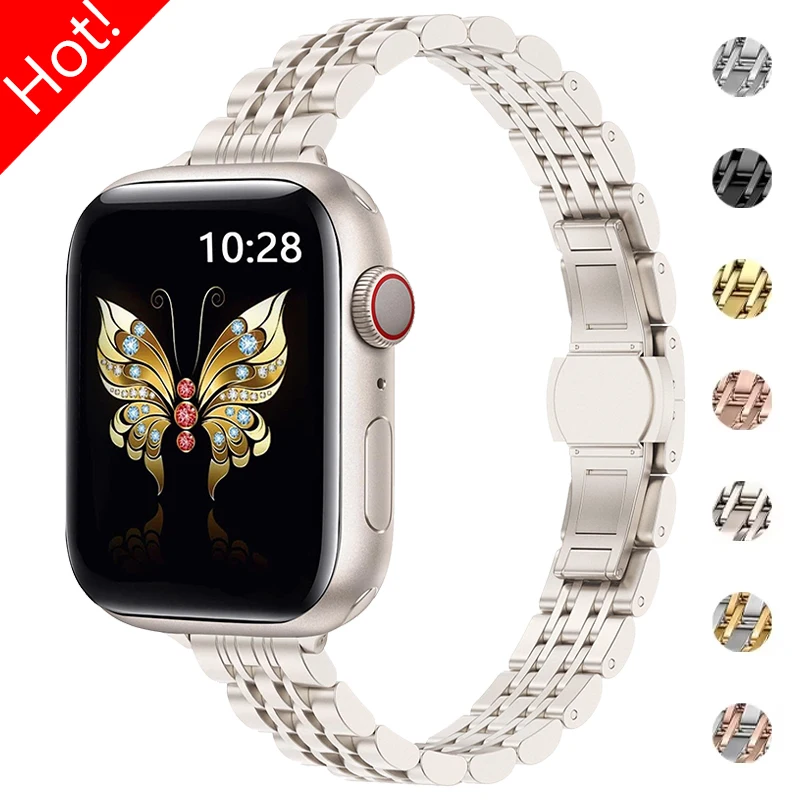 Slim Women Strap for Apple Watch Band Ultra 49mm 46mm 42mm 45mm 44mm Metal Slender Wristband for IWatch Series 10 9 8 7 6 SE 5 4