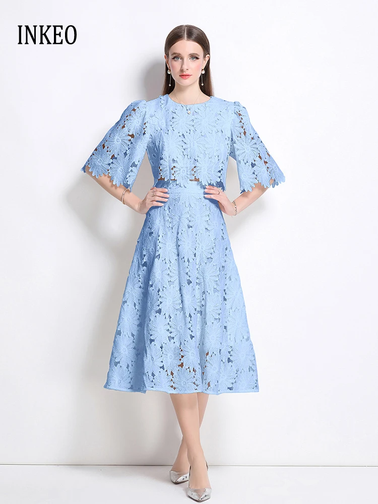 2025 Summer Elegant Lace 2 Piece set Women Beach style Short sleeve tops and Midi skirt Blue White Rhodo Hollow out INKEO 5T065