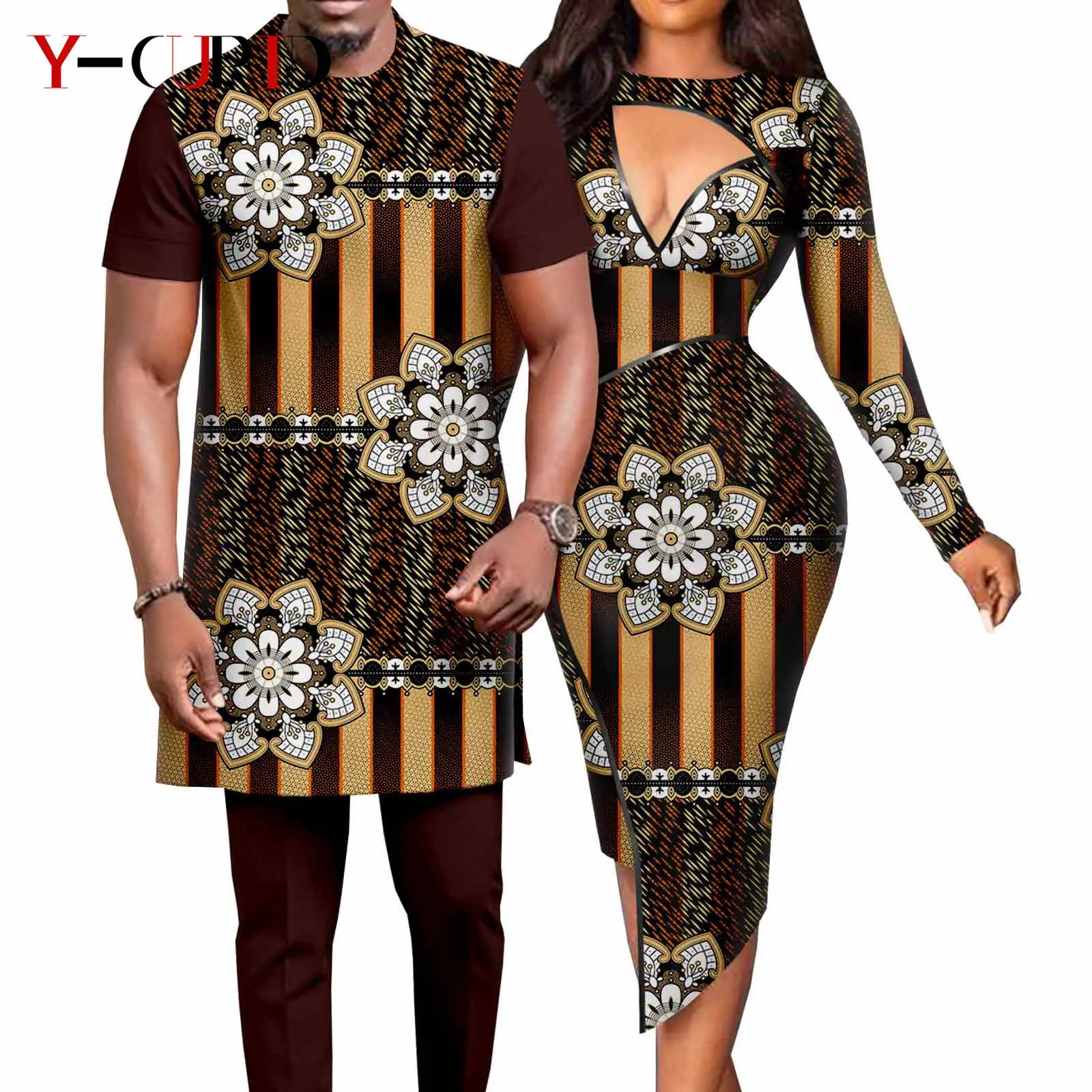 African Matching Outfit for Couples Dashiki Sexy Women Slim Print Dresses Bazin Riche Men Patchwork Top and Pant Sets Y23C043