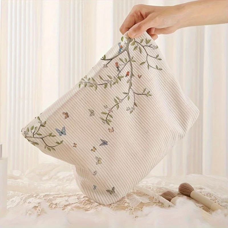 Corduroy Makeup Bag Bird And Butterfly Patterns Printed On Tree Branches Storage Bag Makeup Bag, Multifunctional Wash Bag
