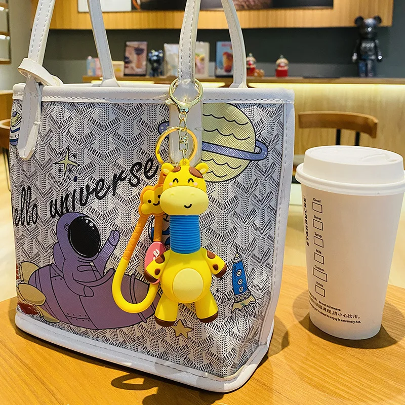 Creative Retractable Spring Toy Giraffe Doll Key Chain Nice Cloud Lemon Pendant Long-necked Deer Animal Keyring Girl Bag Trinket