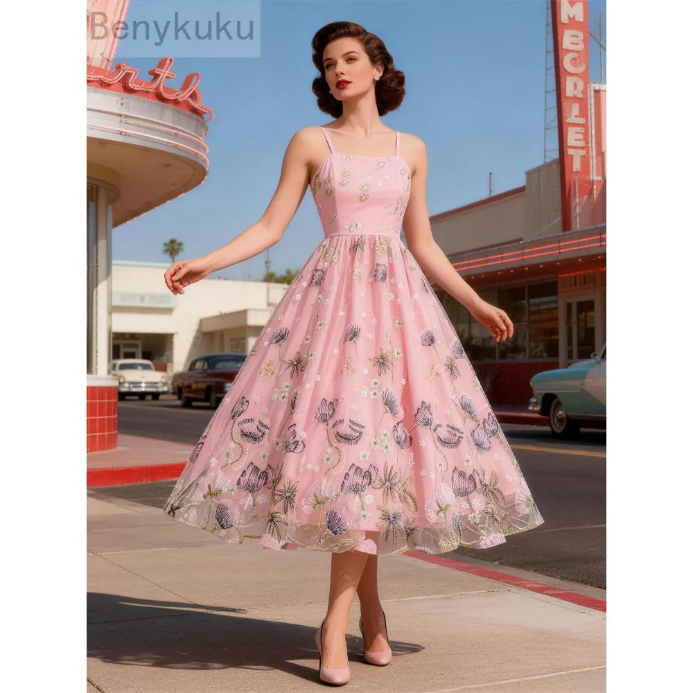 Spaghetti Strap Floral Embroidered Mesh Long Dresses 2026 Spring Summer  Vintage Clothes Women Pleated Evening Party Dresses