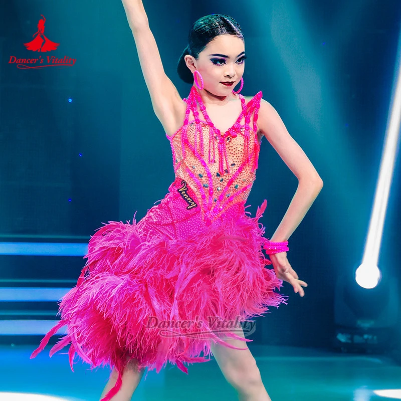 Teenagers The New Feather Style Rumba Elegant Dresses High-end Customized Adult Latin Dance Perform Clothing Dancer's Vitality