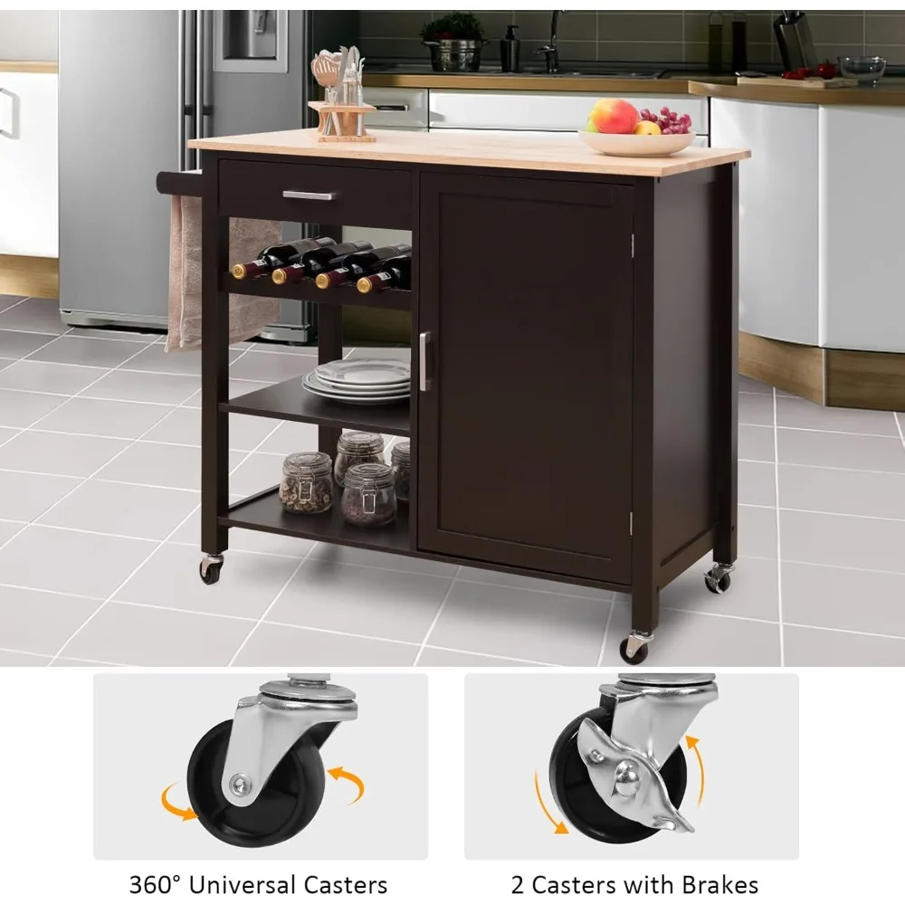 Kitchen Storage Cart with Wheels, Trolley Cart featuring Wine Rack, Shelves, and Towel Rack, 360° Swivel Wheels & Detachable