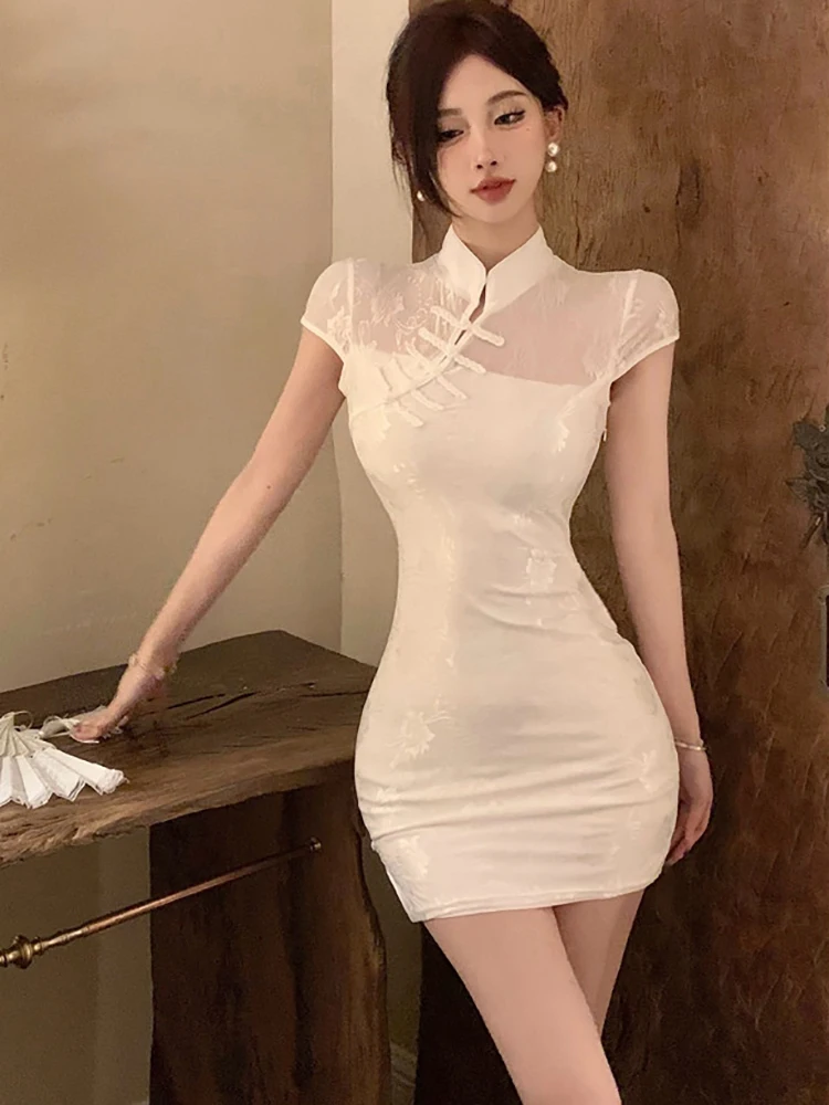 Summer White Jacquard Elegant Lace Sexy Mini Dress Women Short Sleeve Bodycon Hip Warp Dress 2024 Korean Vintage Festival Dress