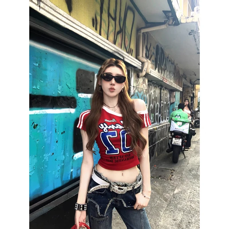 

New Slim Printing Youth High Street Fashion Short Pullovers Top Summer Off Shoulder Y2K T Shirts Sexy Casual Trend Women Clothes