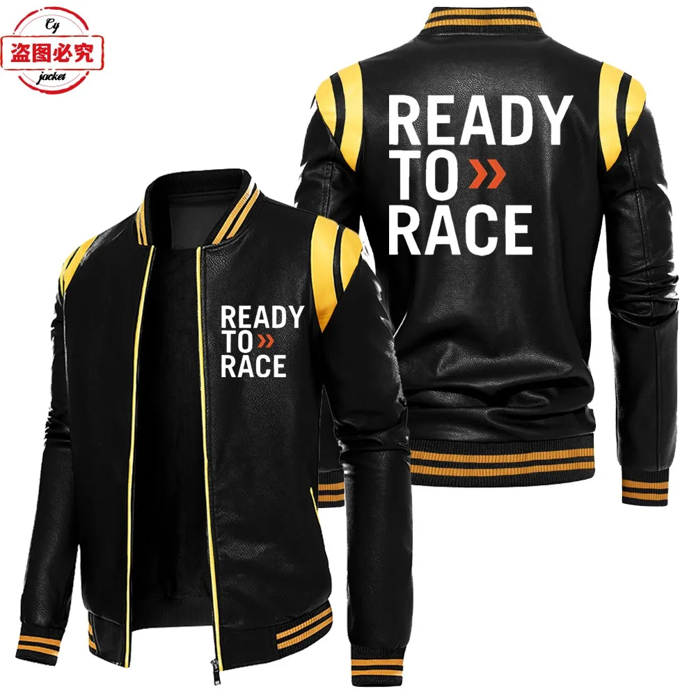 Ready To Race Printed Motocross Leather Jacket PU Leather Jacket Windproof Men's Autumn/Winter Fleece