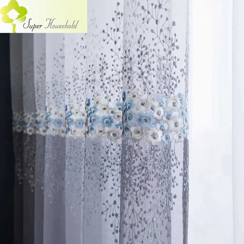 New Matching Gradient Small Flower Embroidered Tulle Window Screen Curtains for Living Room Blue Sheer Voile Kitchen Bedroom