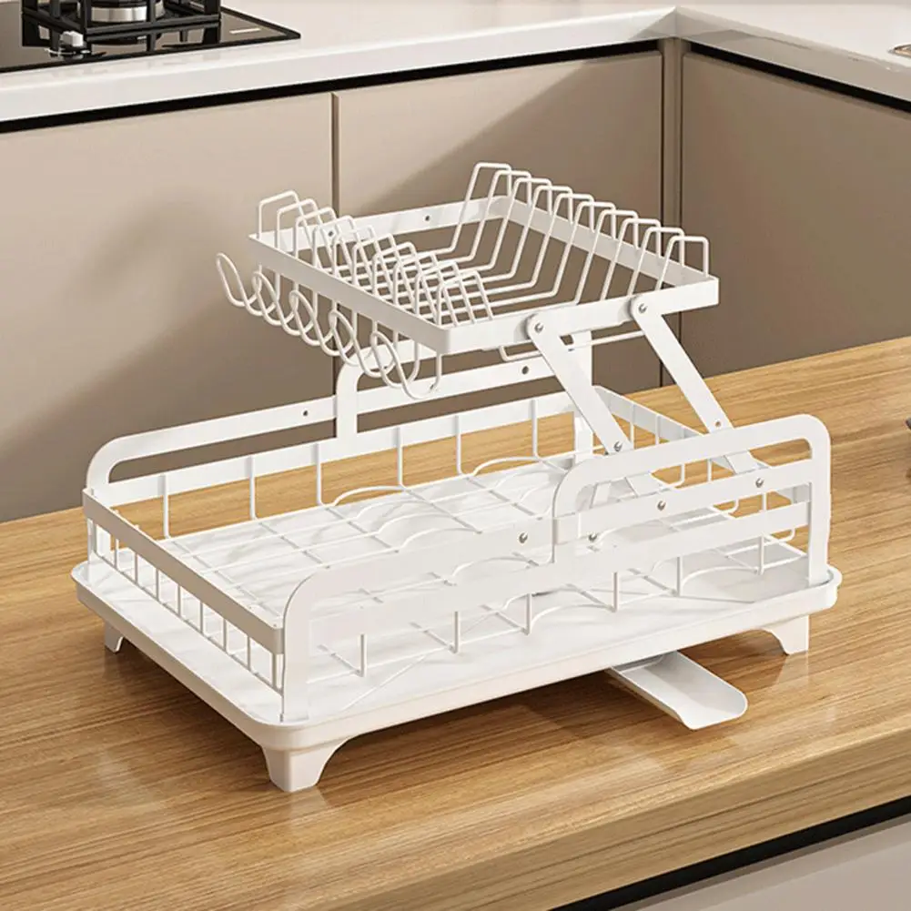

2-Tier Kitchen Drain Rack Metal Dish Drying Rack With Drain Board 360-Degree Rotatable Anti-Rust Coating Utensil Organizer