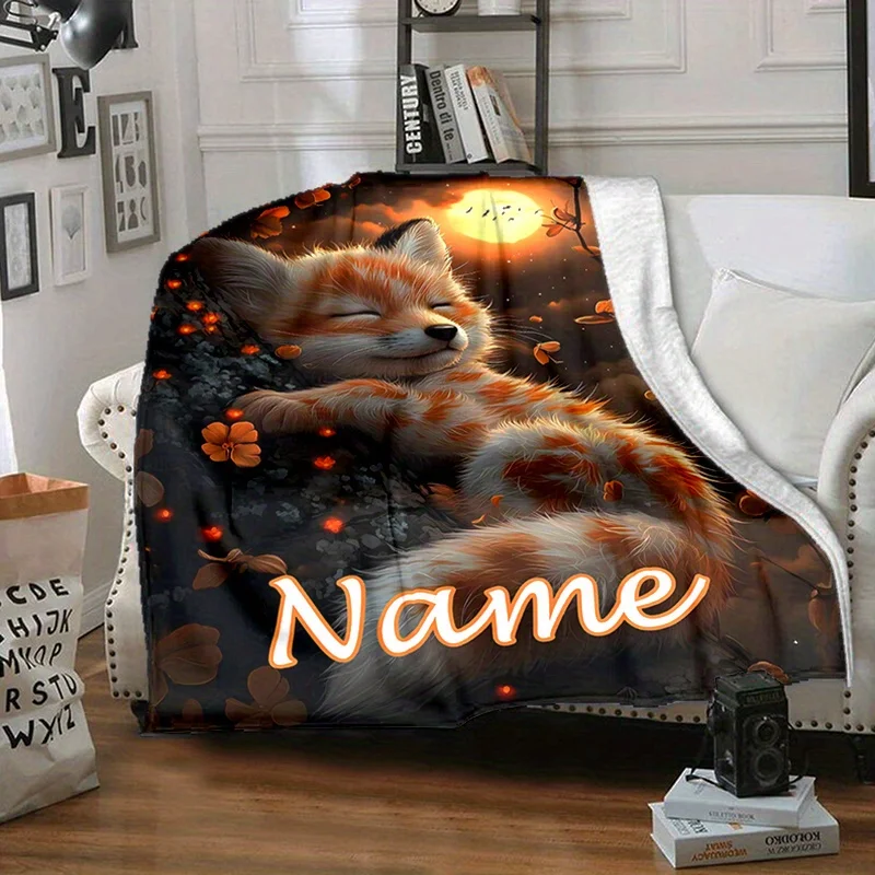 Custom name sleeping fox flannel blanket, suitable for sofa, bed, birthdays, children, friends, gifts