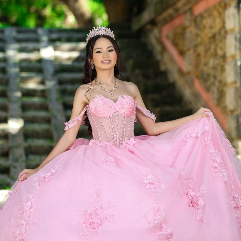 

Розовое платье для квинсеаньеры с открытыми плечами, бальное платье для Sweet 16, с аппликациями, цветами, бисером, кристаллами, тюлем, для дня рождения, Vestidos 15