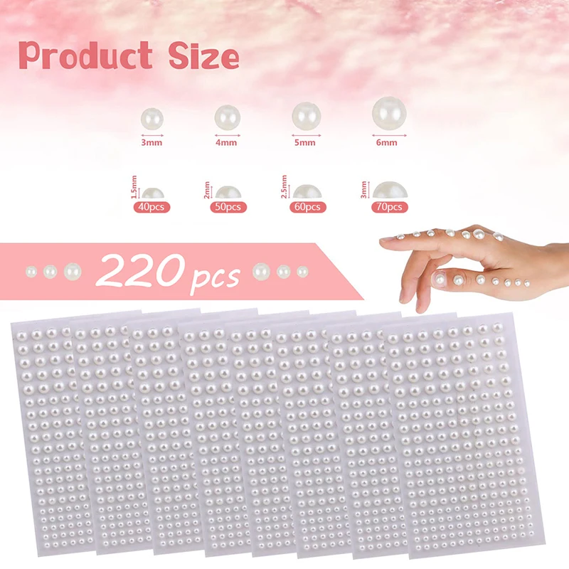 220 Stuks Mix 3Mm/4Mm/5Mm/6Mm Haarparels Stok Op Zelfklevende Gezicht Parels Stickers Voor Haar Gezicht Make-Up Nail Diy Ambachten