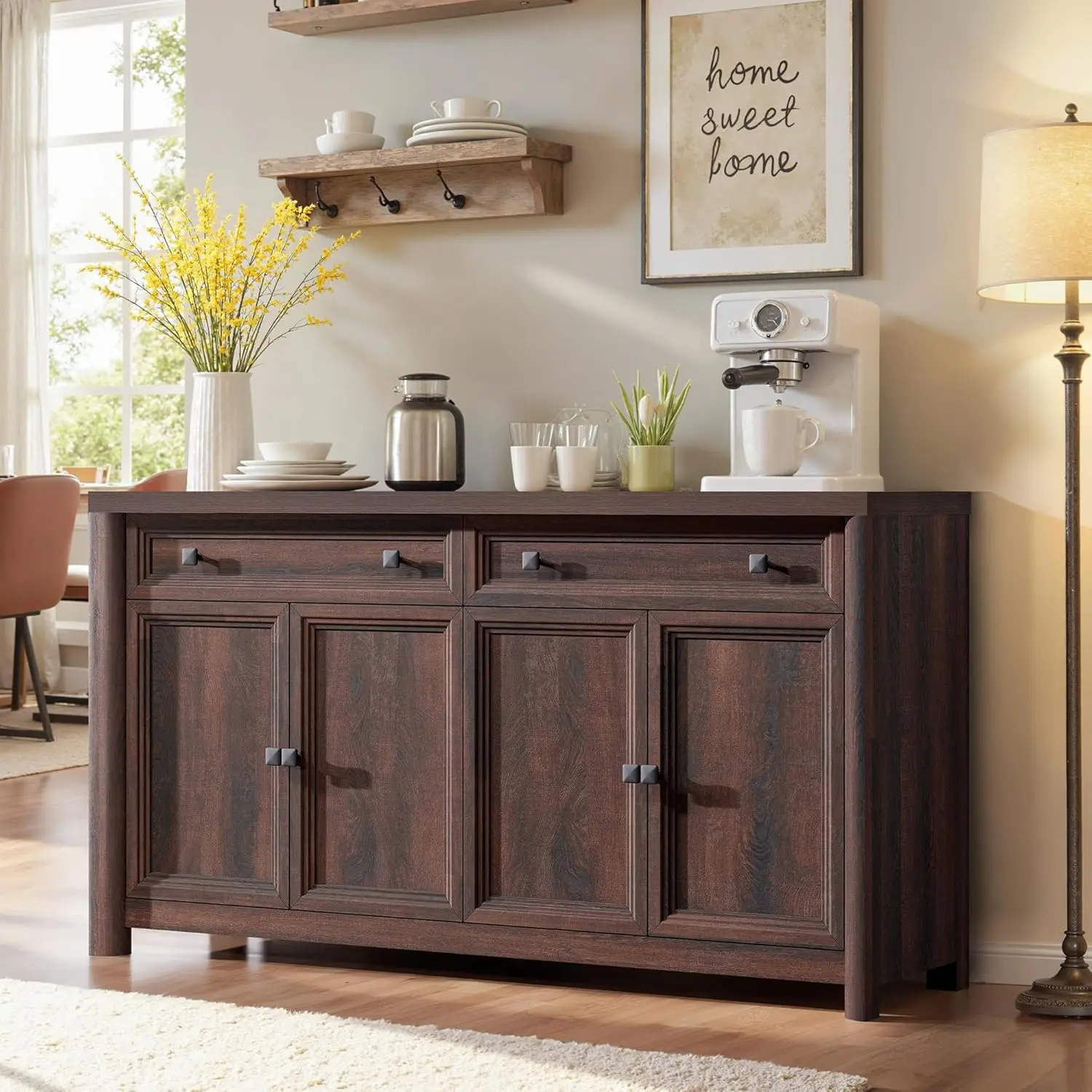 

Большой буфет 59 дюймов с местом для хранения, сервант в стиле фермерского дома из орехового дерева, кофейный бар с 4 дверцами и регулируемыми полками, на заказ