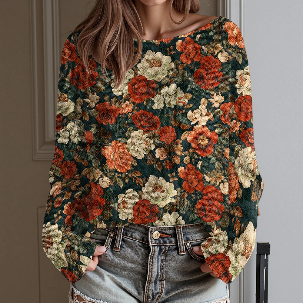 Vintage bloemen T-shirt damesblouse met lange mouwen en kleurrijk bloeipatroon Dagelijkse mode-tops voor herfst-winterlaag