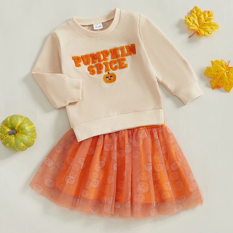 Girls Halloween 2PCS Costume Set with Long Sleeve Pumpkin Letter Ghost Embroidery Tops and Tulle Skirt - Spooky and Stylish