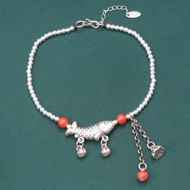 

Vintage 925 Sterling Silver Carp Fish Lotus Tassel Anklets Jewelry Women Ethnic Simple South Red Agate Beaded Foot Chain JL022