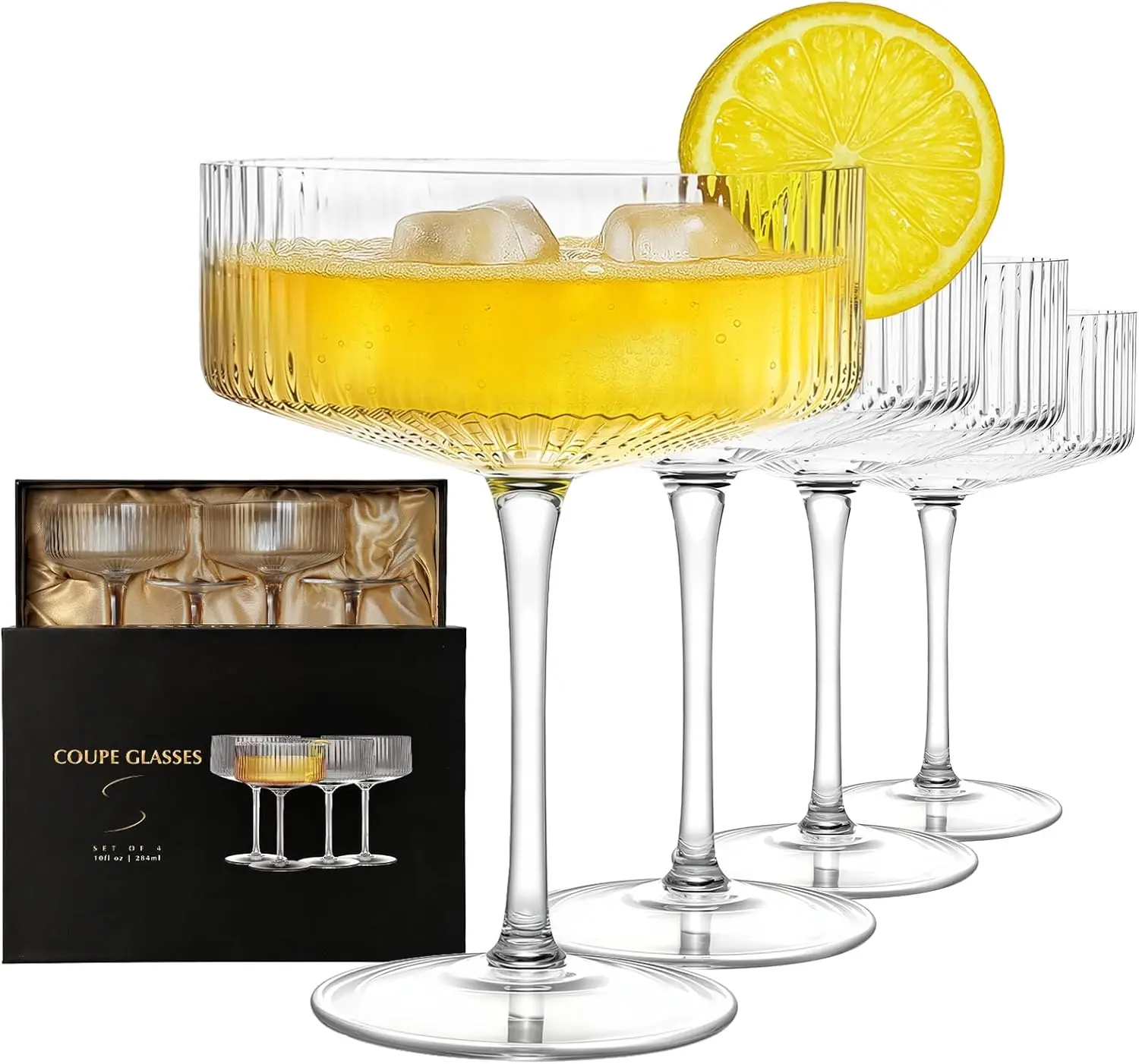 

4 Pcs Coupe Glasses, Hand Blown 10 oz Cocktail Glasses, Ribbed Glasses, Gift Boxed Drinking Glass Set
