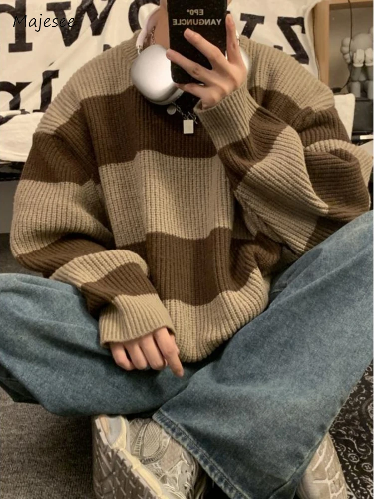 

Striped Sweaters Men Winter Knitted Contrast Color Classic Hong Kong Style Youthful Vitality Teens Anti-pilling Outer Pullovers
