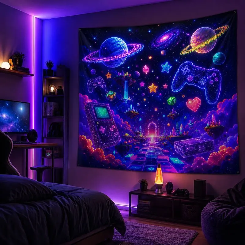 VIKAMA Neon Jellyfish Game Controller Tapestry Wall Hanging Purple Blue Galaxy Gamer Aesthetic Wall Art Bedroom Dorm Room Decor