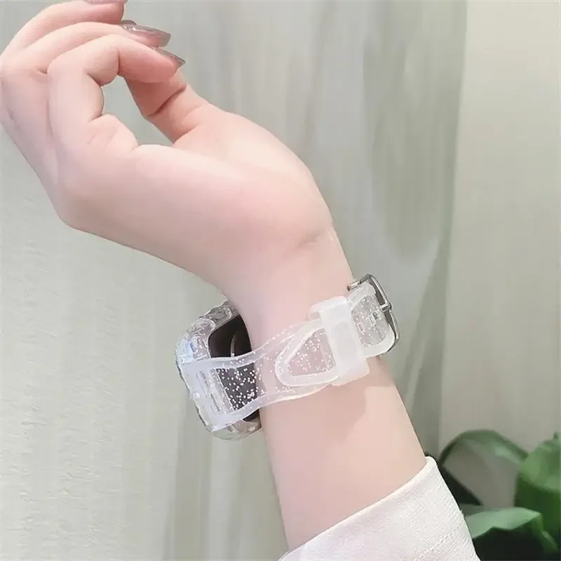 Clear Glitter Strap&Case For Apple Watch 10 Band Ultra 44mm 45mm 40mm 41mm 38mm 42mm 46mm Sports Transparent Bracelet iwatch 9 8