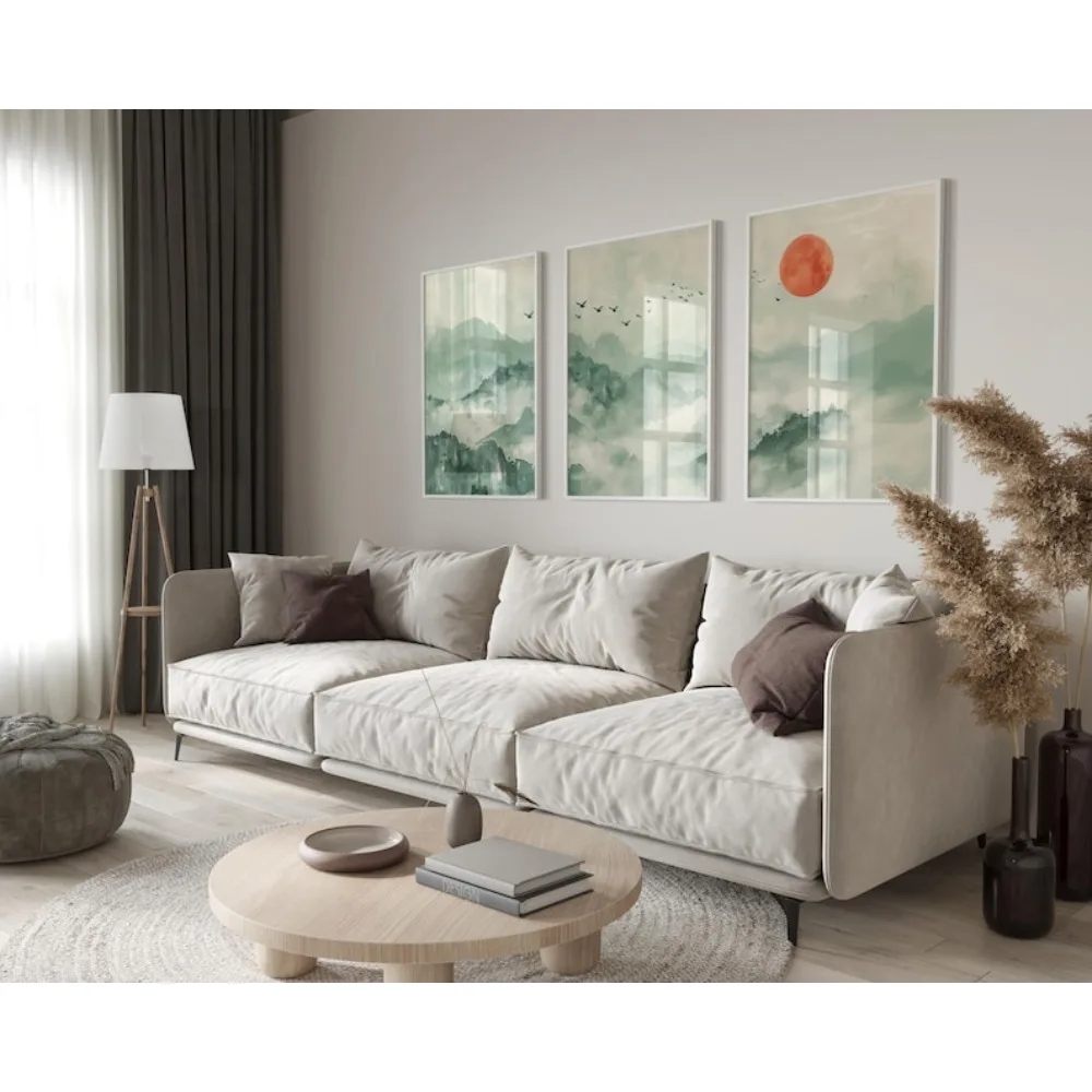 3pc Frameless Japandi Sage Green Wall,Simple Japanese Mountain View,Printable Art,Full Moon Zen Office Decor,Instant Download