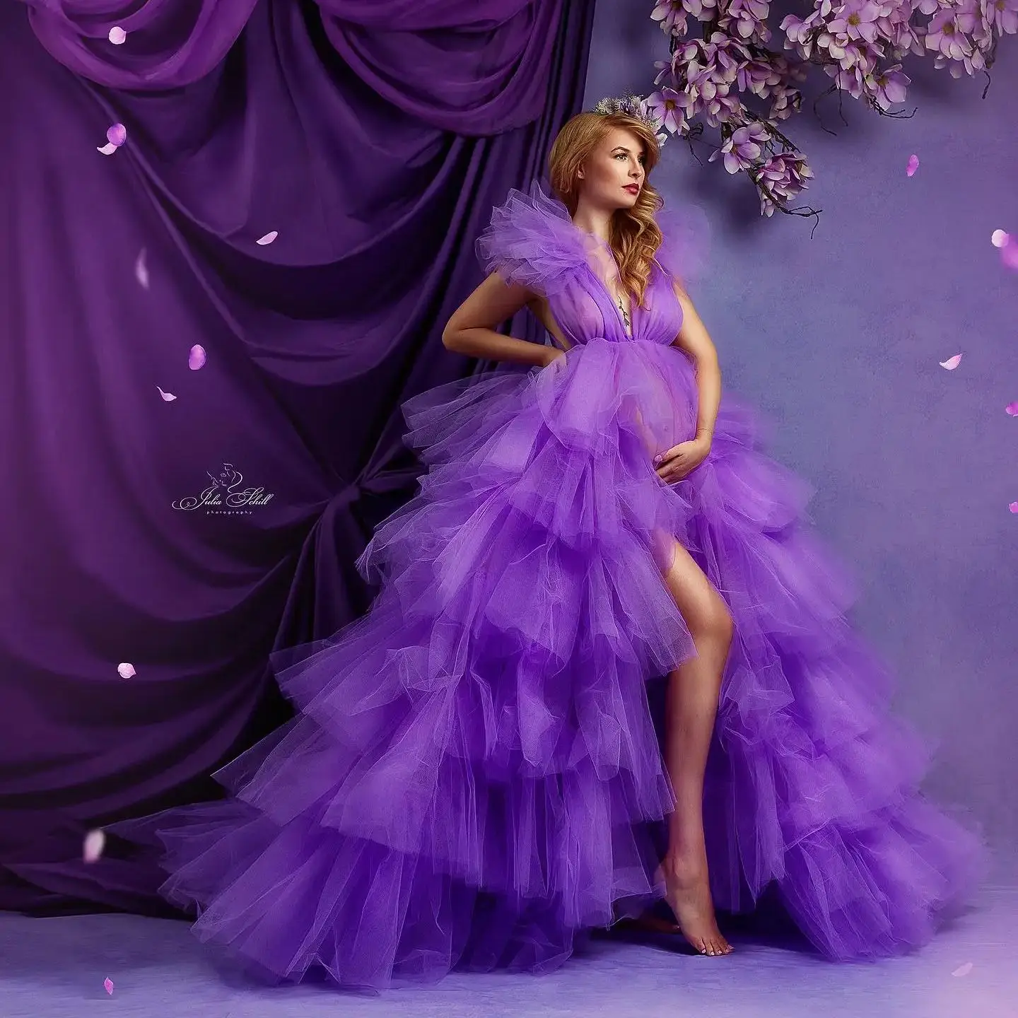 

A Line Purple Maternity Robes for Photoshoot Puffy Tiered Ruffles Women Pregnancy Dresses Sexy Sleeveless Baby Shower Gowns