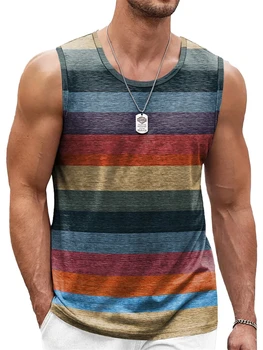 Striped Graphic Tank Top 3 Retro Striped Graphic Tank Tops For Men Fashion Casual Summer Sleeveless 3D Printed Vest Loose Crew Neck Quick Dry Sports Tees 3