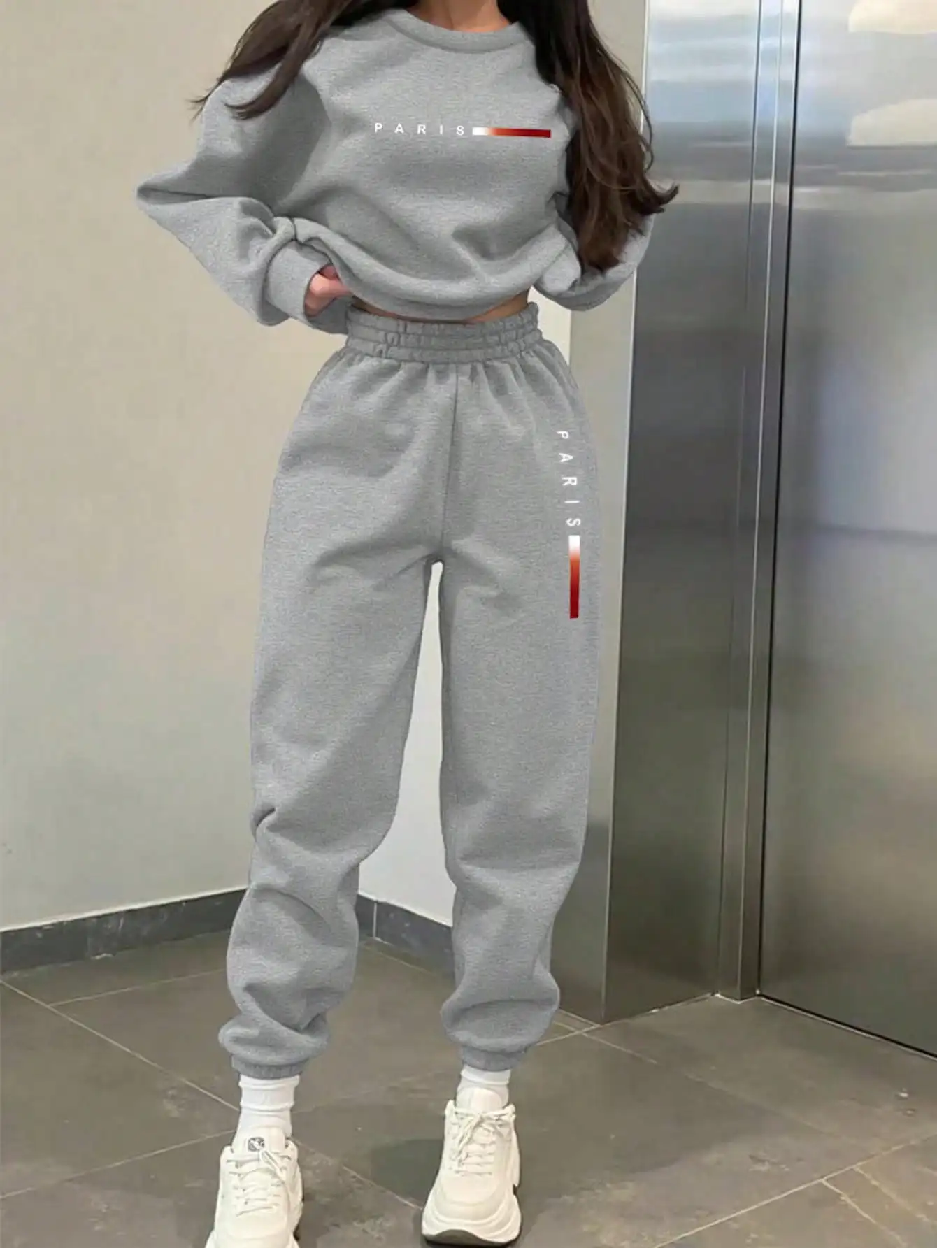 Gray Letter Print Cropped Sweatshirt and Jogger Pants Set, Casual Loose Fit