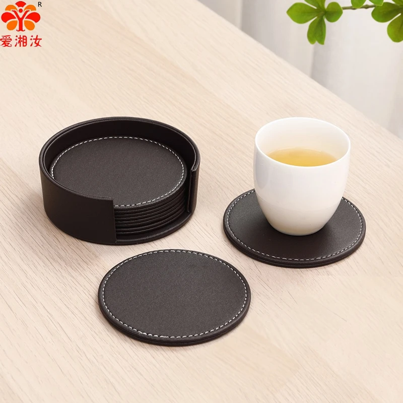 Aixiangru Leather Coasters Sets Coaster Holder & 6Pcs Cup Coaster Coasters For Glasses Kitchen Accessories Black Drink Coaster