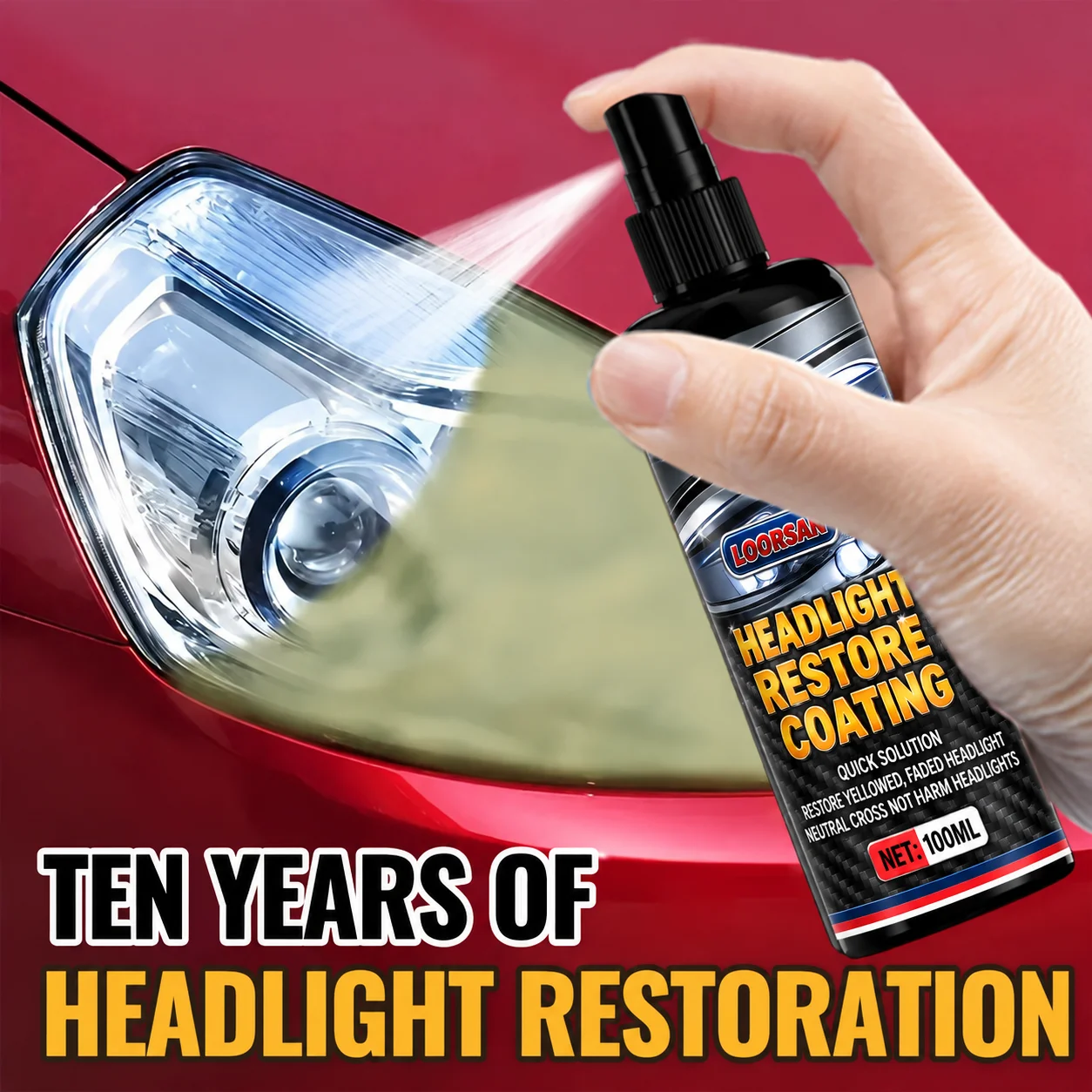 LOORSAN Headlight Restore Coating 100ml Car Lens Renewal Spray For Yellowed Foggy Lights Oxidation Cleaner Quick Shine