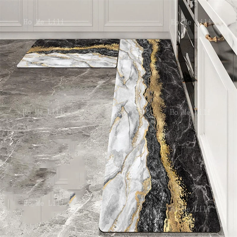 Black White And Gold Marble Design Flannel Kitchen Rugs Anti Fatigue Cushioned Non Slip Carpet Set For Home Office Laundry Decor