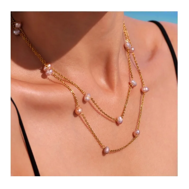 

Seattle Baroque Irregular Light Pink Natural Pearl Necklace Women's Handmade Beaded Stainless Steel Gold Plated Clavicle Chain