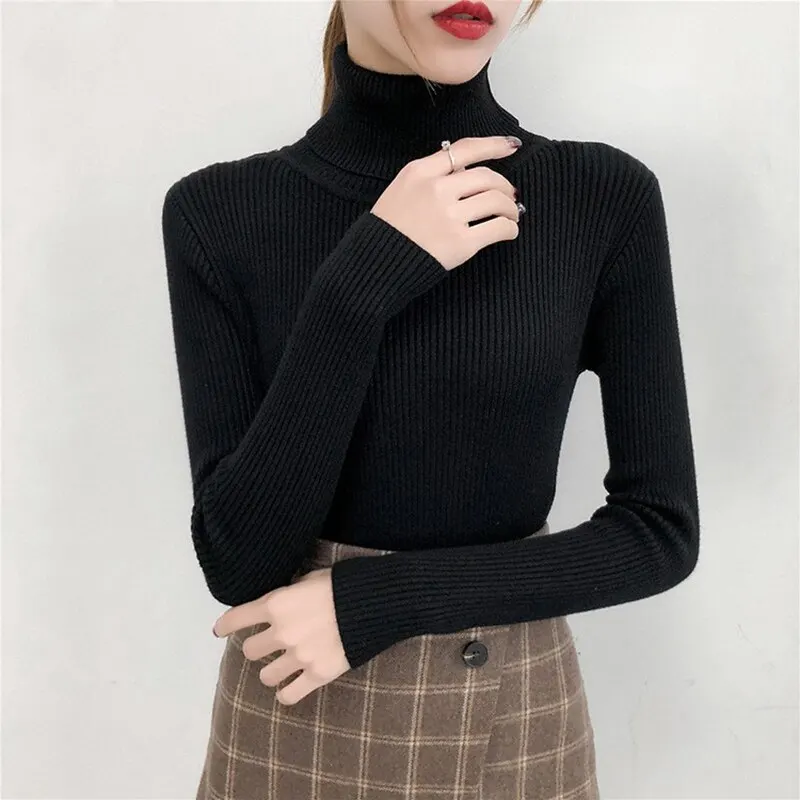 Suéter de mujer, jersey de invierno de punto con cuello alto, jersey ajustado de manga larga, Tops 2025, camisas informales para mujer, ropa suave y cálida Y2K
