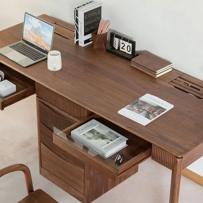 Nordic all solid wood black walnut desk modern simple log double computer bookcase integrated wall computer desk