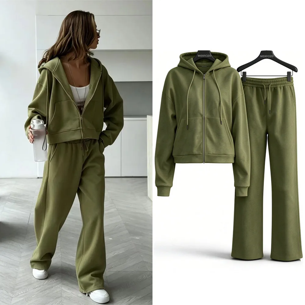Ladies Hooded Sweatshirt Zipper Hoodies Women Tracksuit Set Suit Casual Cardigan Drawstring Wide Leg Sport Pants Two Pieces Set