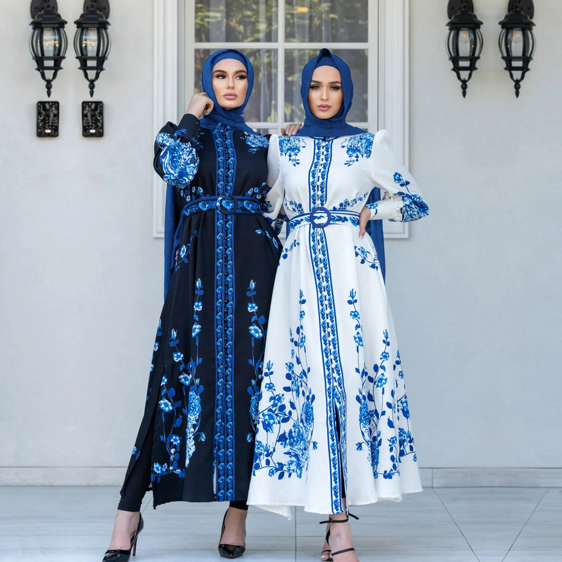 M163#2023 new Muslim women's long sleeved stand up collar printed large swing dress