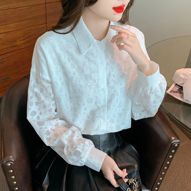 

QOERLIN Gentle Women Shirts Long Sleeve Spring Fall Jacquard Floral Tops Blouse Elegant Office Ladies Button Up Shirt White Tops