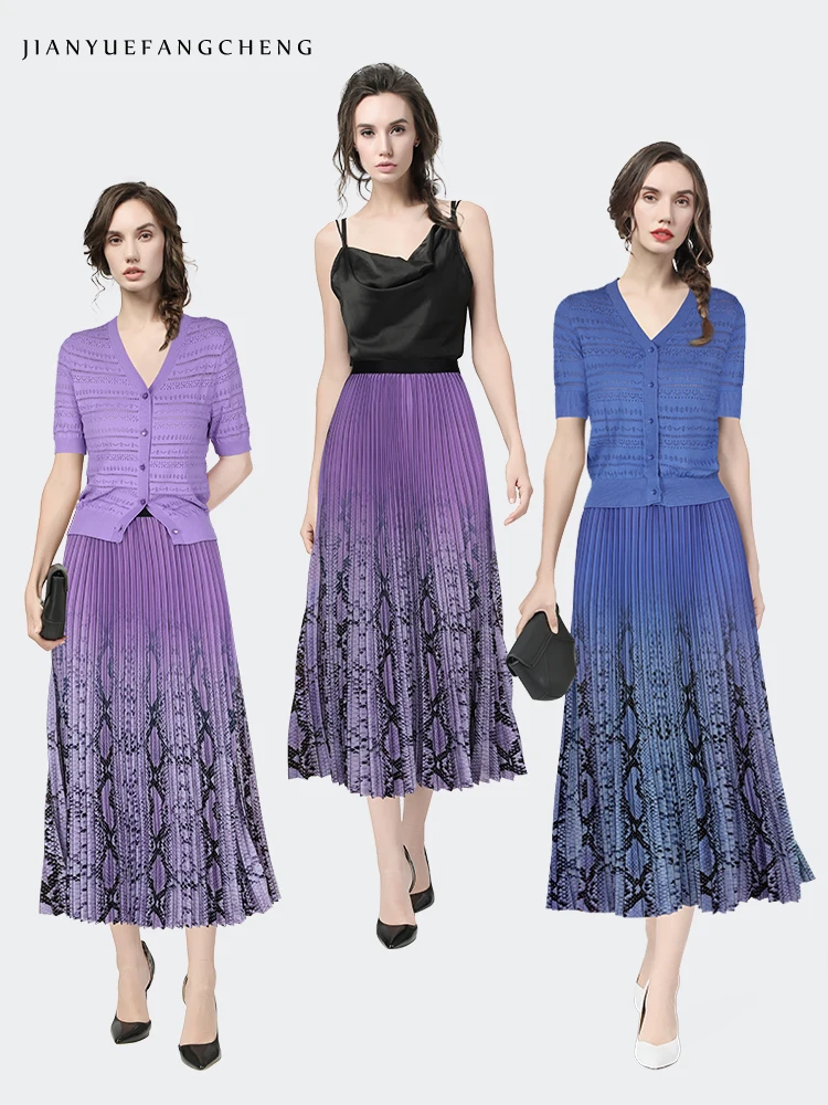 Womens Mid-length Pleated Skirts Gradient Snake Skin Printed Elastic Waist A-line Elegant Flowy Spring Summer Trendy Bottoms