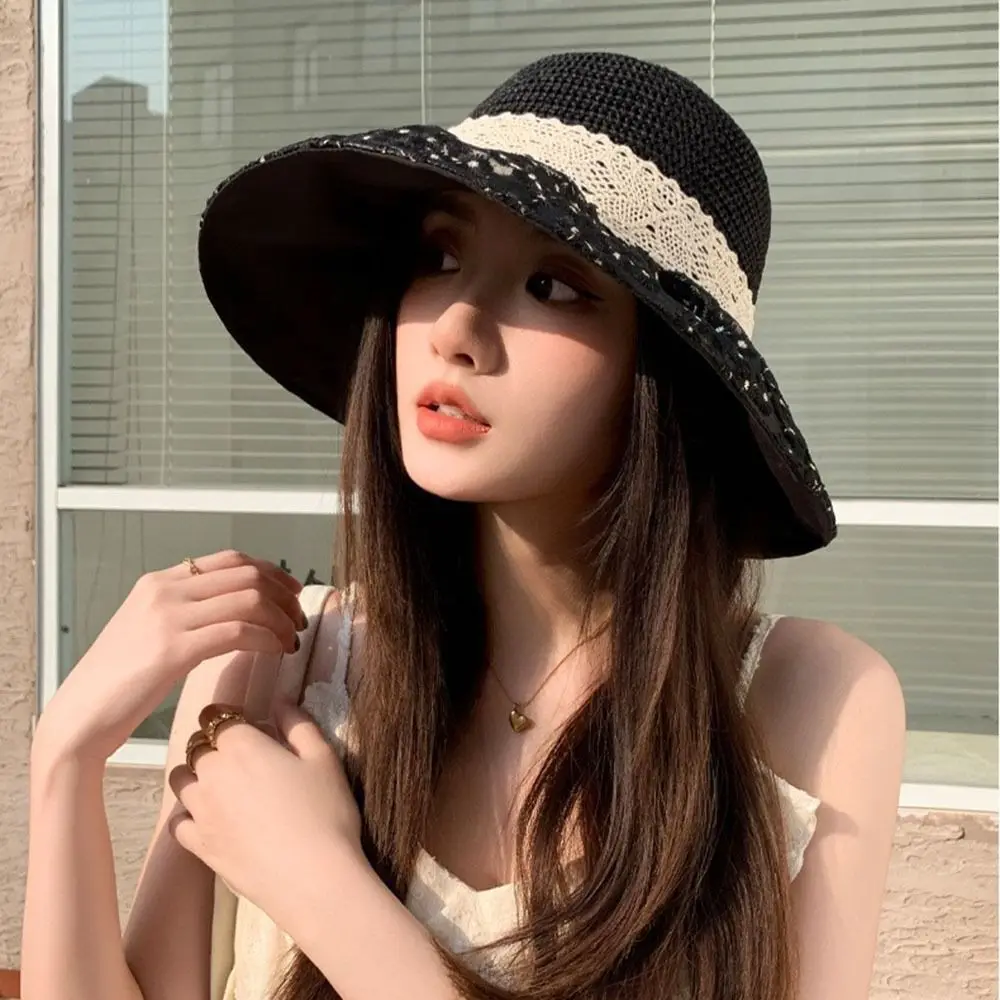 أزياء واقية من الشمس دلو قبعة الدانتيل زهرة التجفيف السريع شاطئ قبعة الشمس واسعة حافة قبعات بنما في الهواء الطلق