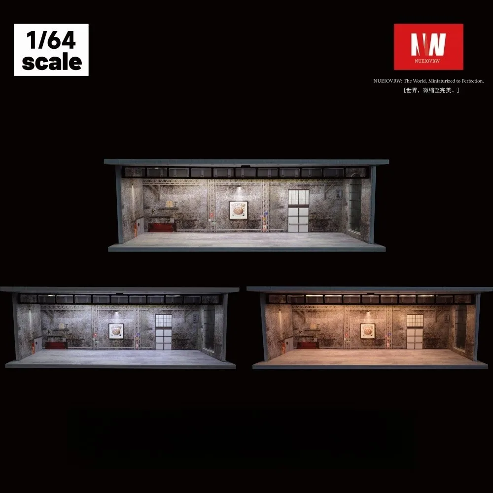 Diorama 1:64 نموذج جراج السيارة 3 أوضاع الإضاءة خمر مستودع صناعي المشهد نموذج عرض القضية #5
