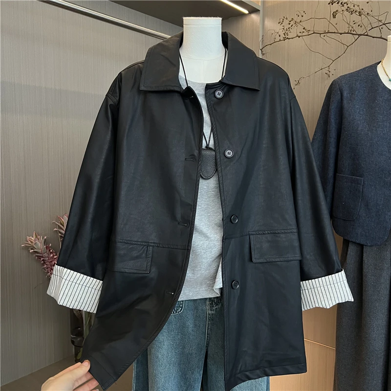 Ele Retro Bla Leather Jaet Allentato Casual Versatile di media lunghezza Colletto alla coreana Primavera Autunno Faion Capispalla per donna