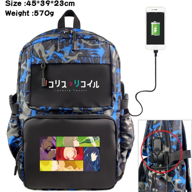 Anime Lycoris Recoil Backpacks Teenarges Schoolbag Unisex USB Charging Port Laptop Travel Bags Large Capacity Camouflage Mochila