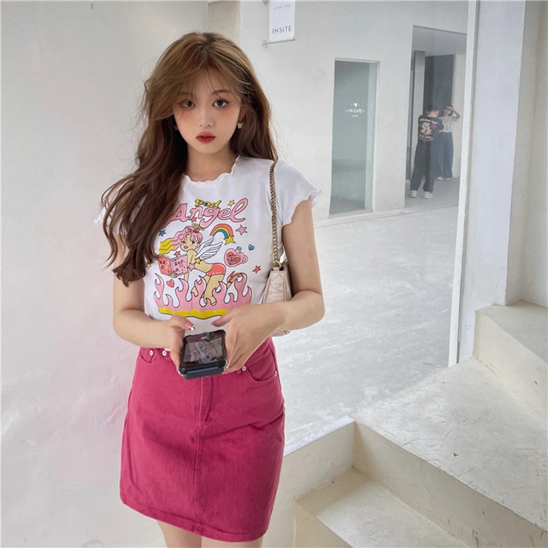 Women T shirt Angel Girl Letter Shirt Female Wood Ear Neck Short Sleeve Fashion Print 2022 Summer Streetwear Hot Girl Top