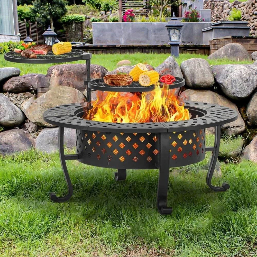 42 Inch Fire Pit with 2 Barbecue Grills, Outdoor Fire Pit and 3-in-1 Circular Metal Table for Barbecue and Outdoor Use