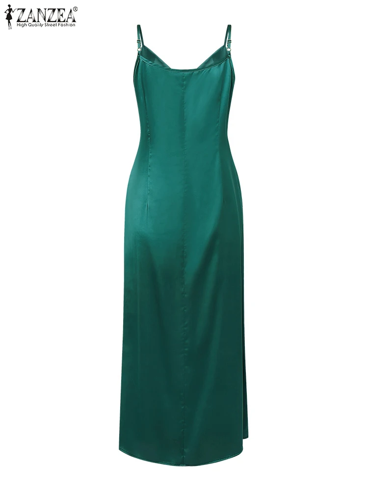 ZANZEA 2025 Vestito da festa da donna con cinturino per spaghetti Vestito estivo lungo estivo Elegante scollo a V in raso Split Maxi Abiti Abito solido