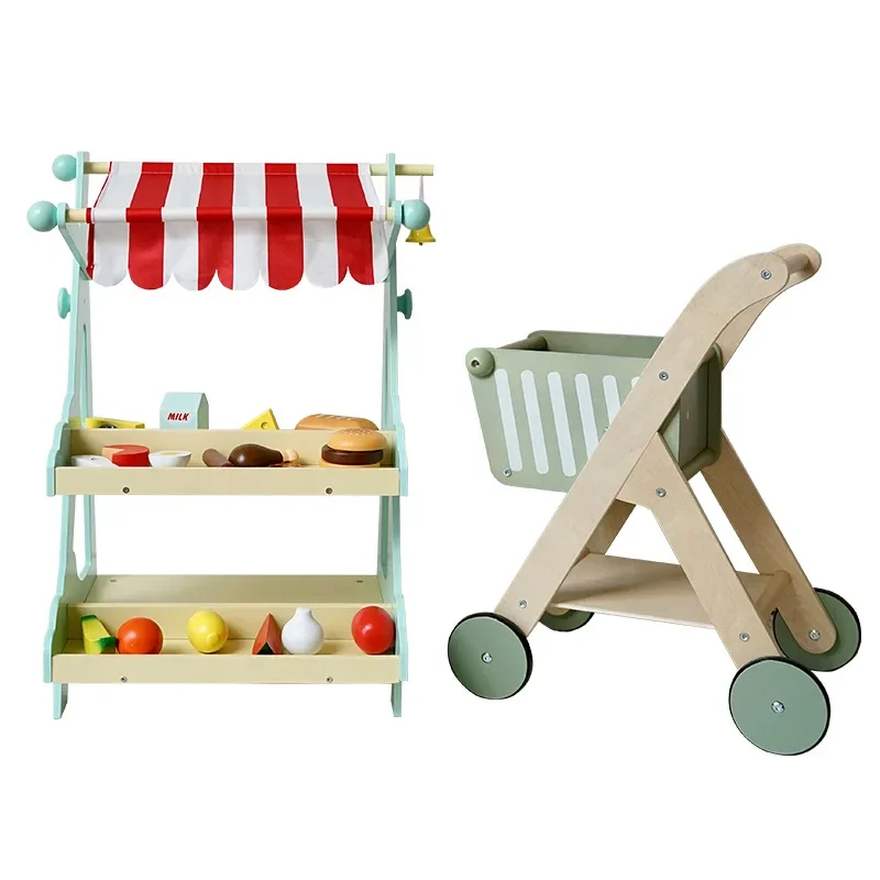 Wooden grocery shopping pretend to play with toys, shopping cart with preschoolers