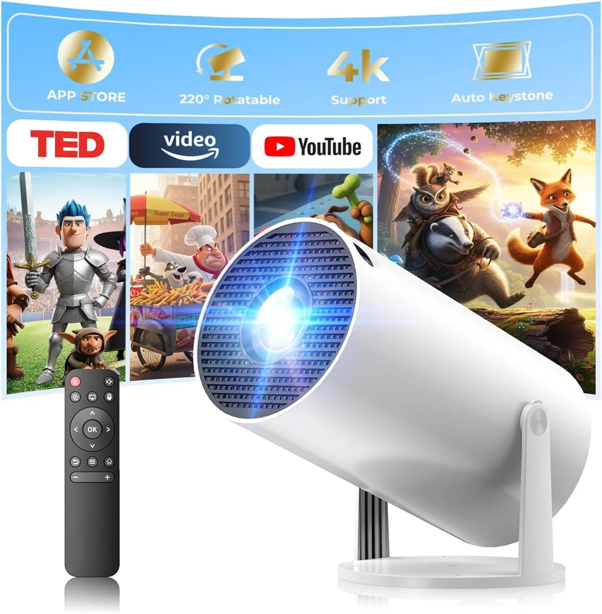 

Новый проектор 2026 HY300 4K Android 12 Wifi6 150 ANSI Allwinner H713 BT5.2 1080P 1280*720P для кинотеатров и улицы, портативный