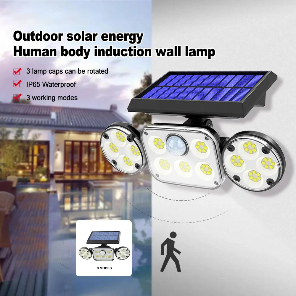 

Solar Lights 78LED Wall Lamp 3 PIR Motion Sensor Sides Adjustable Heads IP65 Waterproof for Garden Garage Outdoor Flooding Light